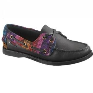 Sebago Spinnaker Black Tribal Leather Boat Shoes Size 8 Nautical Preppy Aztec